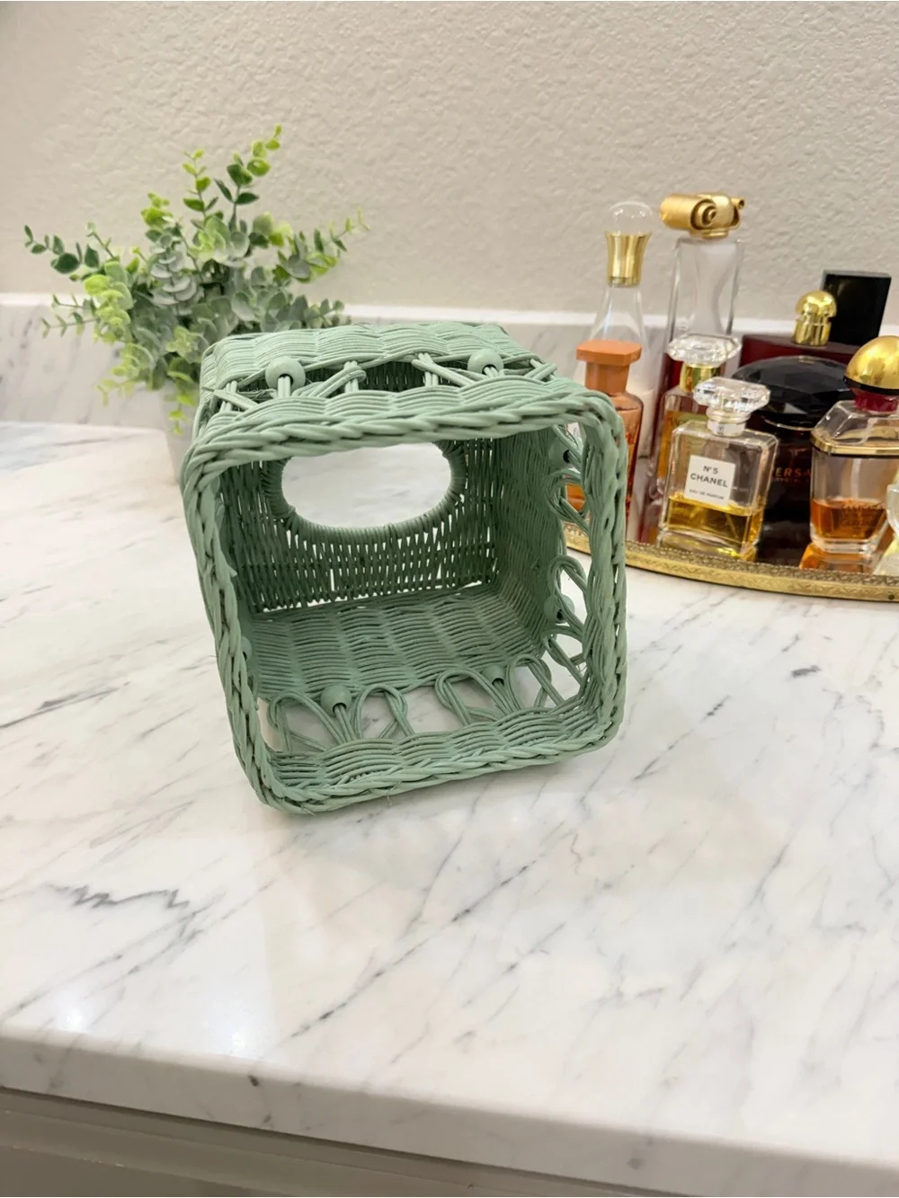 Vintage 1970s Mint Wicker Tissue Box Cover – Boho Handwoven